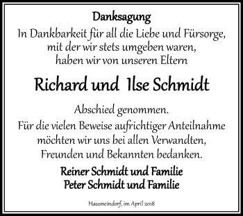 Traueranzeige von Richard und Ilse Schmidt von Mitteldeutsche Zeitung Quedlinburg