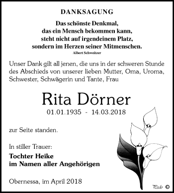 Traueranzeige von Rita Dörner von Mitteldeutsche Zeitung Weißenfels
