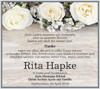 Traueranzeige von Rita Hapke von Mitteldeutsche Zeitung Weißenfels