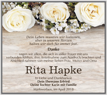 Traueranzeige von Rita Hapke von WVG - Wochenspiegel NMB / WSF / ZTZ