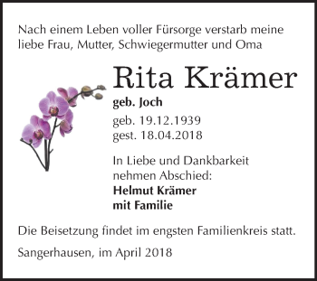 Traueranzeige von Rita Krämer von Mitteldeutsche Zeitung