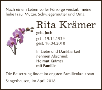 Traueranzeige von Rita Krämer von Super Sonntag SGH Mansf. Land