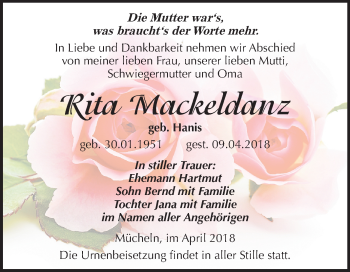 Traueranzeige von Rita Mackeldanz von Mitteldeutsche Zeitung Merseburg/Querfurt