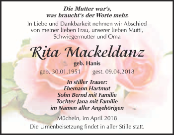 Traueranzeige von Rita Mackeldanz von WVG - Wochenspiegel Merseburg