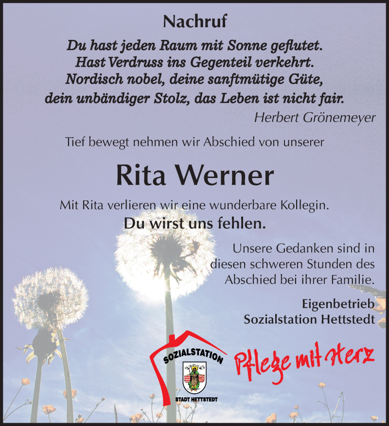  Traueranzeige für Rita Werner vom 07.04.2018 aus Mitteldeutsche Zeitung