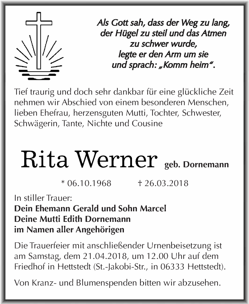  Traueranzeige für Rita Werner vom 11.04.2018 aus Wochenspiegel Mansfelder Land