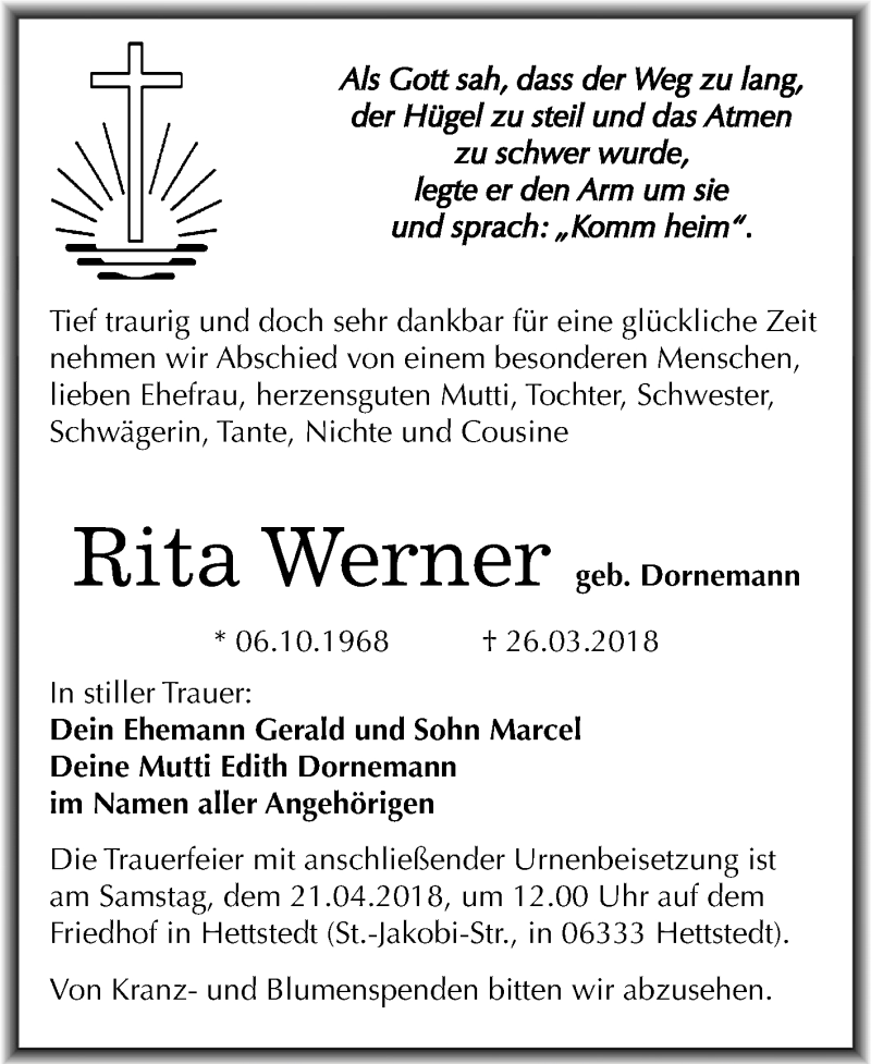  Traueranzeige für Rita Werner vom 11.04.2018 aus Mitteldeutsche Zeitung