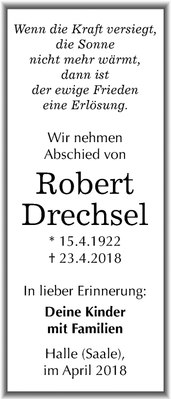 Traueranzeige von Robert Drechsel von Mitteldeutsche Zeitung Halle/Saalkreis