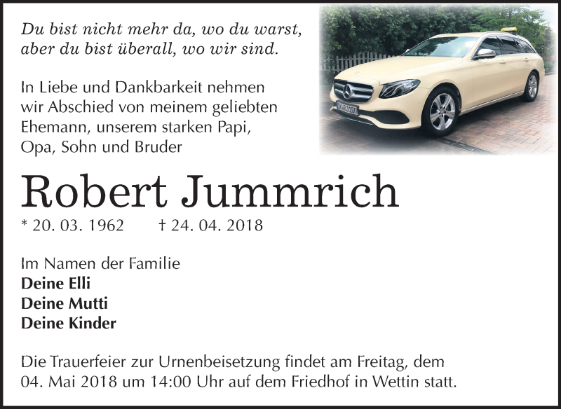  Traueranzeige für Robert Jummrich vom 28.04.2018 aus Mitteldeutsche Zeitung Halle/Saalkreis