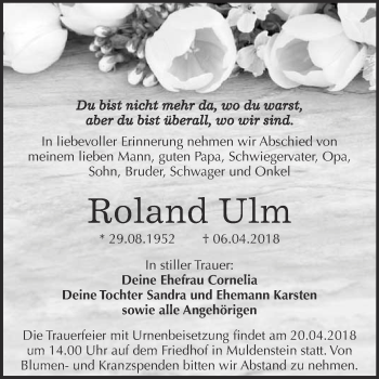 Traueranzeige von Roland Ulm von WVG - Wochenspiegel Bitterfeld