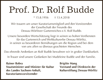 Traueranzeige von Rolf Budde von WVG - Wochenspiegel Dessau / Köthen