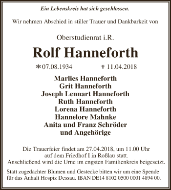 Traueranzeige von Rolf Hanneforth von WVG - Wochenspiegel Dessau / Köthen