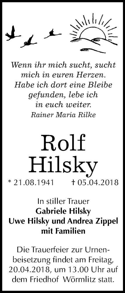  Traueranzeige für Rolf Hilsky vom 14.04.2018 aus Mitteldeutsche Zeitung Halle/Saalkreis