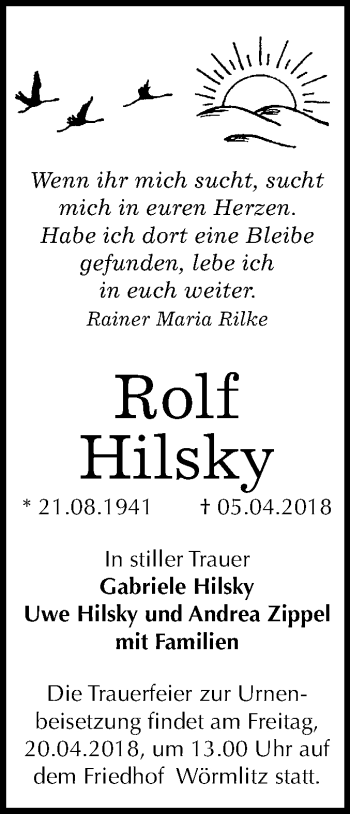 Traueranzeige von Rolf Hilsky von Mitteldeutsche Zeitung Halle/Saalkreis