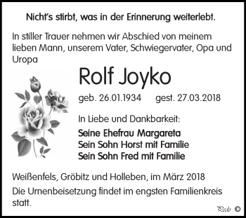 Traueranzeige von Rolf Joyko von WVG - Wochenspiegel NMB / WSF / ZTZ