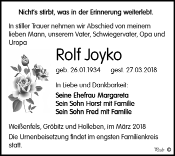 Traueranzeige von Rolf Joyko von Mitteldeutsche Zeitung Weißenfels