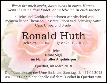 Traueranzeige von Ronald Huth von WVG - Wochenspiegel Merseburg