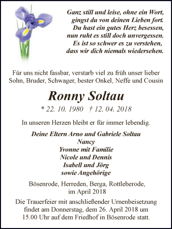 Traueranzeige von Ronny Soltau von Super Sonntag SGH Mansf. Land