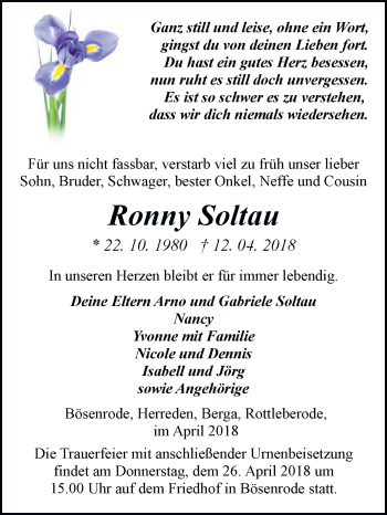 Traueranzeige von Ronny Soltau von Mitteldeutsche Zeitung Sangerhausen