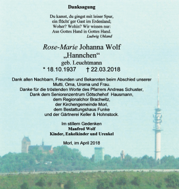 Traueranzeige von Rose-Marie Johanna Wolf von Mitteldeutsche Zeitung Halle/Saalkreis