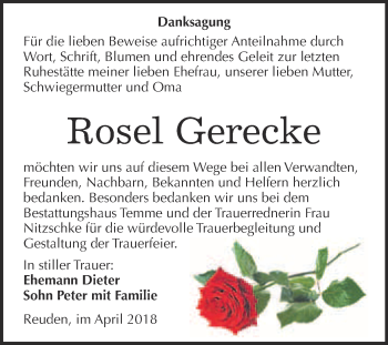 Traueranzeige von Rosel Gerecke von WVG - Wochenspiegel Bitterfeld