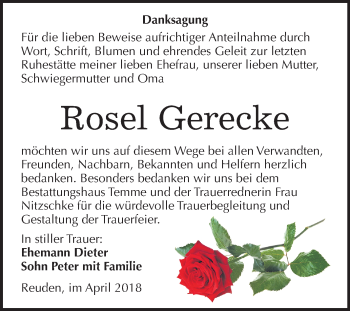 Traueranzeige von Rosel Gerecke von Mitteldeutsche Zeitung Bitterfeld