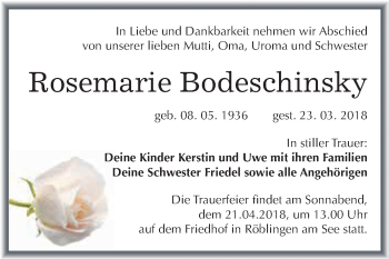 Traueranzeige von Rosemarie Bodeschinsky von Super Sonntag SGH Mansf. Land