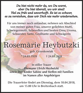 Traueranzeige von Rosemarie Heybutzki von Super Sonntag SGH Mansf. Land