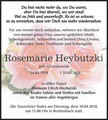 Traueranzeige von Rosemarie Heybutzki von Mitteldeutsche Zeitung Sangerhausen