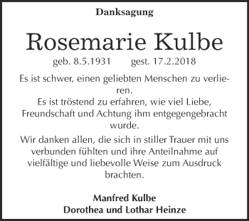 Traueranzeige von Rosemarie Kulbe von WVG - Wochenspiegel Wittenberg