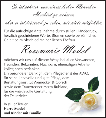 Traueranzeige von Rosemarie Model von Mitteldeutsche Zeitung Bernburg