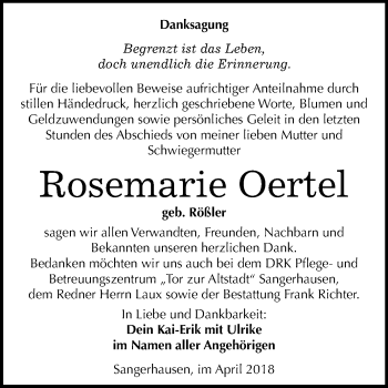 Traueranzeige von Rosemarie Oertel von Mitteldeutsche Zeitung Sangerhausen