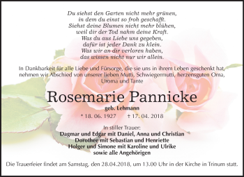 Traueranzeige von Rosemarie Pannicke von Mitteldeutsche Zeitung Köthen