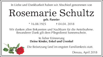 Traueranzeige von Rosemarie Schultz von Mitteldeutsche Zeitung Dessau-Roßlau