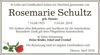 Traueranzeige von Rosemarie Schultz von WVG - Wochenspiegel Dessau / Köthen
