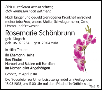 Traueranzeige von Rosemarie Schönbrunn von Mitteldeutsche Zeitung Weißenfels