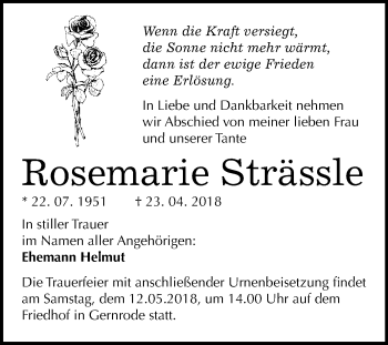 Traueranzeige von Rosemarie Strässle von WVG - Wochenspiegel Quedlinburg