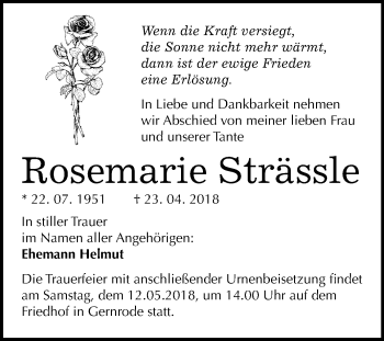 Traueranzeige von Rosemarie Strässle von Mitteldeutsche Zeitung