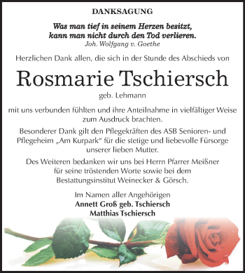 Traueranzeige von Rosmarie Tschiersch von Mitteldeutsche Zeitung Bernburg