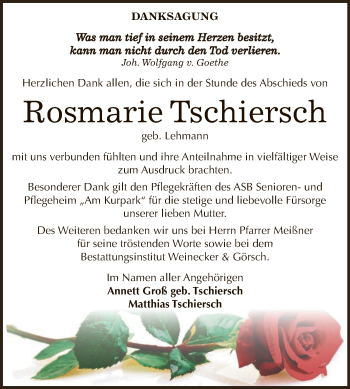 Traueranzeige von Rosmarie Tschiersch von Super Sonntag Bernburg
