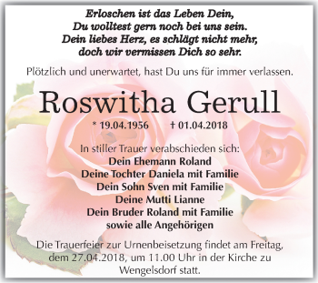 Traueranzeige von Roswitha Gerull von Mitteldeutsche Zeitung Weißenfels