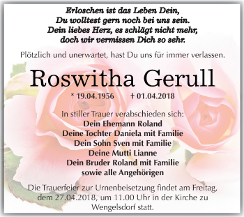 Traueranzeige von Roswitha Gerull von Super Sonntag Merseburg