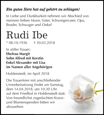 Traueranzeige von Rudi Ibe von Mitteldeutsche Zeitung Sangerhausen