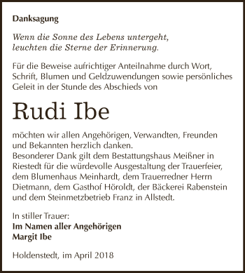 Traueranzeige von Rudi Ibe von Super Sonntag SGH Mansf. Land