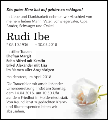 Traueranzeige von Rudi Ibe von Super Sonntag SGH Mansf. Land