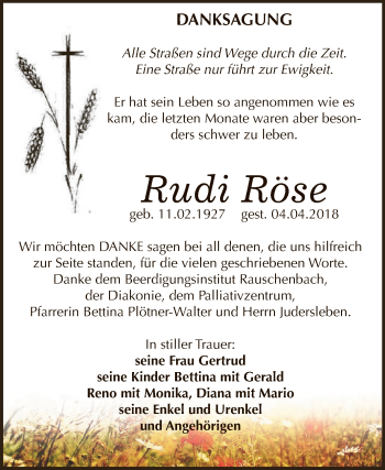 Traueranzeige von Rudi Röse von WVG - Wochenspiegel NMB / WSF / ZTZ