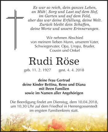 Traueranzeige von Rudi Röse von Mitteldeutsche Zeitung