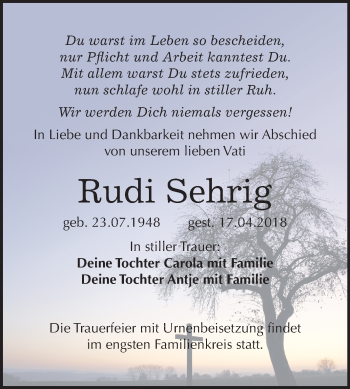 Traueranzeige von Rudi Sehrig von Mitteldeutsche Zeitung Bitterfeld