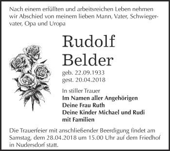 Traueranzeige von Rudolf Belder von WVG - Wochenspiegel Wittenberg