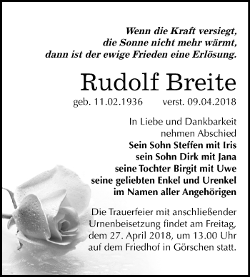 Traueranzeige von Rudolf Breite von Mitteldeutsche Zeitung